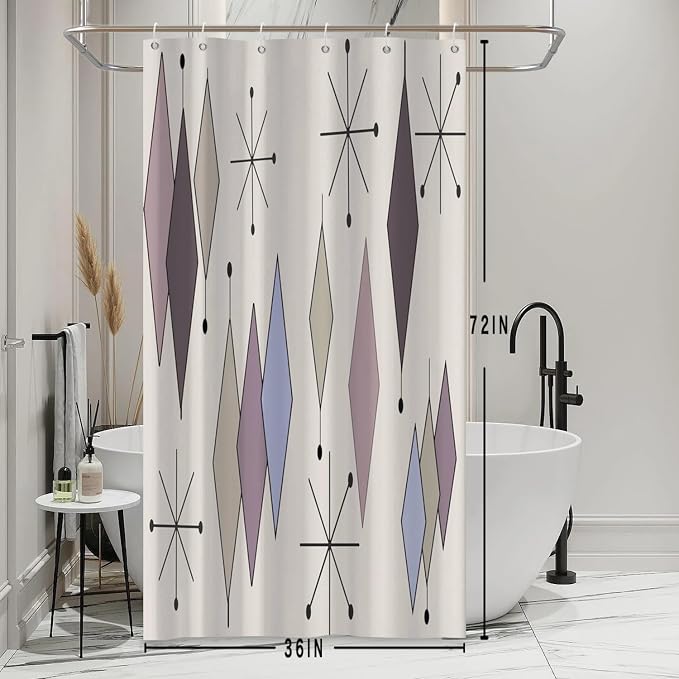 Mid Century Shower Curtain Abstract Purple Diamond Geometric Atomic Starburst Pattern Beige Backdrop for 1950s Retro Bathroom Decor Accessories Shower Curtain Set with 12 Hooks, 36x72 Inches
