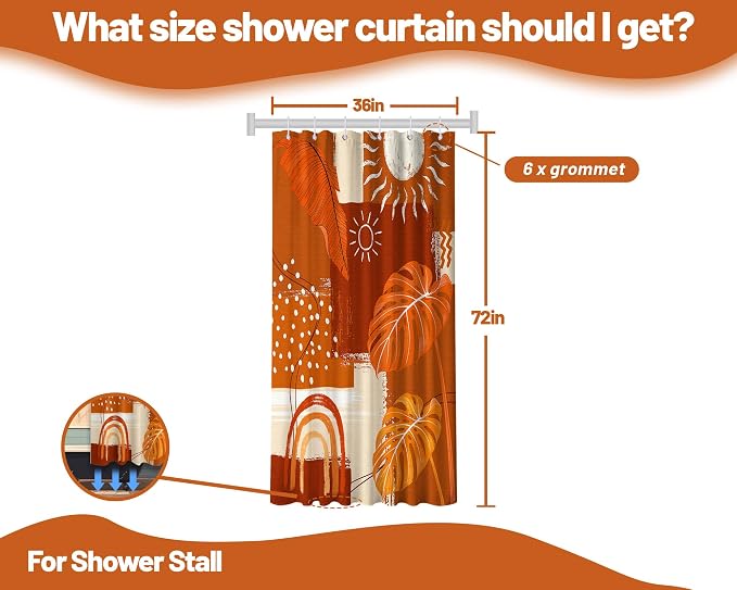 Small Stall Narrow Shower Curtain Burnt Orange Stand Up Mid Century Modern Leaf Shower Curtains for Rv Camper Bathroom Decor Sets, Waterproof Cloth Fabric with Hooks, 36 x 72 Inch