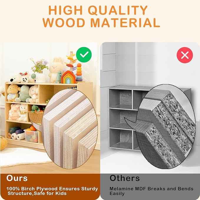 Wooden Kids Bookshelf and Toy Storage Organizer, 3-Tier Montessori Shelf, 7-Section Storage Cabinet, Birch Bookcase Book Shelf for Kids Room, Nursery, Classroom, Playroom - Natural
