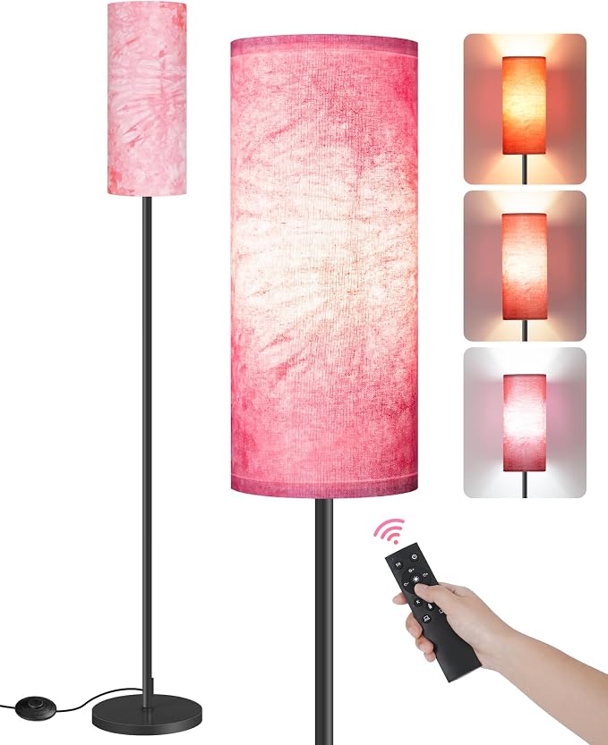 Dimmable Floor Lamps for Living Room with Remote and Foot Switch, 64.4” Modern Standing Tall Lamp, Corner Lamp for Bedroom, Bulb Included, 3000K-6500K, FCC Listed, Sakura Pink and Black CP06LD05W1