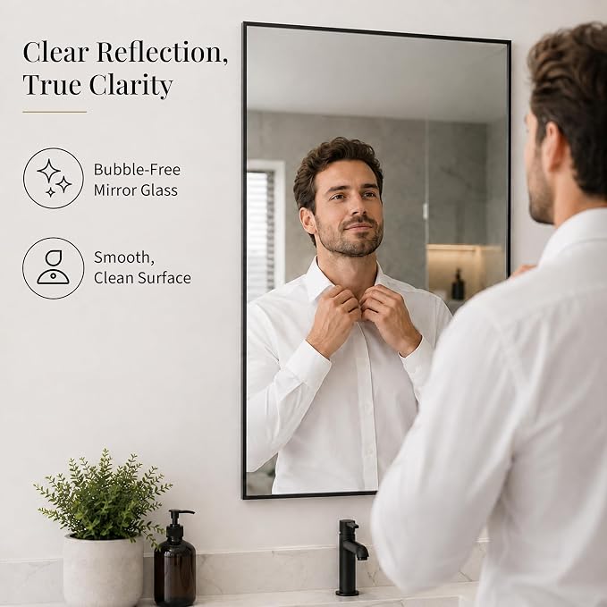 24"x36" Black Bathroom Mirror for Wall, Shatterproof Tempered Glass, Rectangle Thin Metal Frame, Ultra-Flush Wall-Mounted, H/V Mount