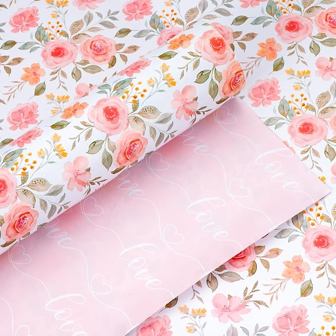 Yarcony Pink Floral Wrapping Paper Roll, Reversible Wedding Wrapping Paper, Watercolor Rose Print Flower Gift Wrap for Birthday, Valentine's Day,Mother's Day,Birdal Shower,Engagement(17Inch x 16.5Ft)