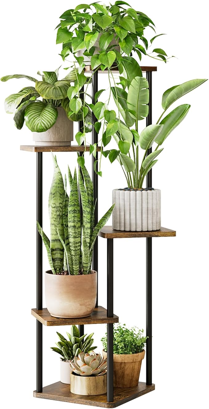 GENTINGBRO Tall Plant Stand Indoor 5 Tiered Plant Shelf for Multiple Plants Coner Shelf Stand Wood Plant Stand Metal Shelving for Living Room Bedroom Balcony Patio Brown Oak