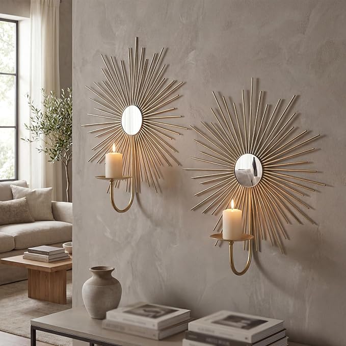 2 Set Candle Sconces Wall Decor for Living Room Metal Sunburst Mirrored Modern Gold Wall-Mounted Candle Holder Sconces Hanging Mounted Fireplace Farmhouse Wedding