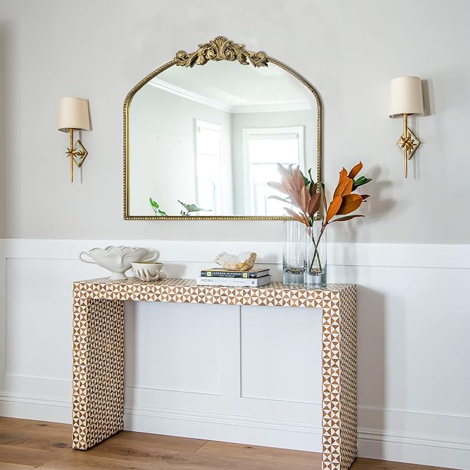 Gold Arched Vintage Mirror 40"X31", Antique Mantel Wall Mirror with Ornate Metal Frame, Victorian Dress Baroque Decor for Entryway/Fireplace/Living Room/Hallway/Bathroom/Bedroom