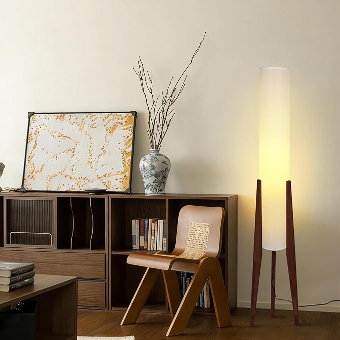 Wabi-sabi 50" Wooden Tripod Floor Lamp Linen Floor Lamp Paper Lantern Inspired Fabric Standing Lamp With E26 3-Color Temperatures Solid Wood Tall Light For Living Room Bedroom (Includes Bulb)