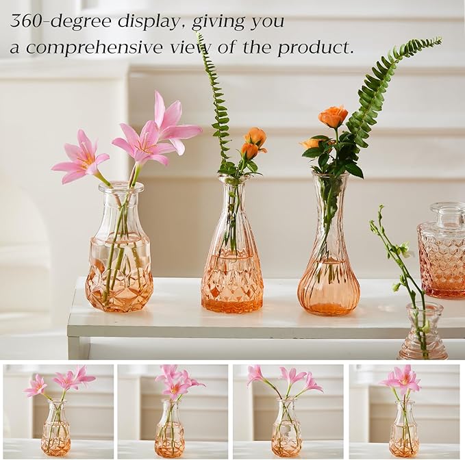 Glass Bud Vase Set of 30 - Small Vases for Flowers in Bulk - Assorted Vintage Crystal Vases for Flowers, Table Centerpieces (Amber, 30 Pcs)