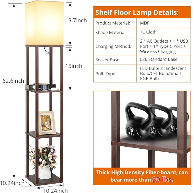 Mlambert Modern Shelf Floor Lamp with Wireless Charger & Fast Charging USB Ports & Type C Port & 2 Power Outlets,3 Tier Storage Lamp for Bedroom,Brown