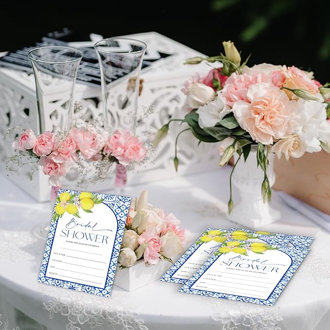 Mediterranean Lemon Bridal Shower Invitations, Set of 25 Lemon Italian Blue Tiles Bridal Shower Invites with Envelopes for Engagement Wedding Party-A11