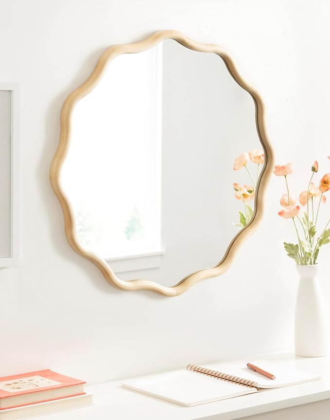 Kate and Laurel Talma Boho Round Scalloped Wall Mirror, 30 Inch Diameter, Natural Wood, Modern Circle Mirror with Solid Poplar Wood Frame and Rounded Frame