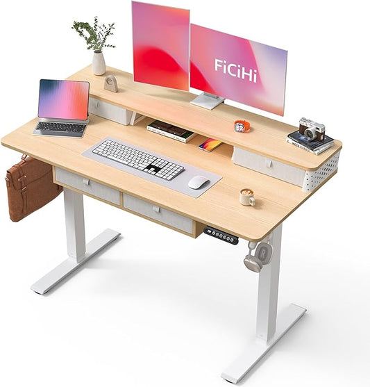 FiCiHi Adjustable Height Standing Desk with 4 Drawers,48 x 24 inches Electric Sit Stand Home Office Desk with Two Tiers, 3 Memory Presets, Monitor Stand Riser, C-Clamp Mount Compatible