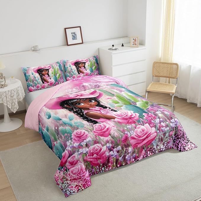 Pink Cowgirl Full Size Comforter Set,Reversible Southwest African Style Black Bedding Comforters Bedroom Collection,Western Floral Desert Cactus Sparkling Bedding Set for Girls Teens