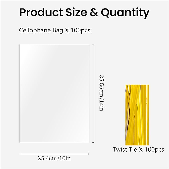 joybest 100 Pcs Clear Cellophane Gift Bags, 10x14 inches OPP Plastic Treat Goodie Bags with 100 Pcs Twist Ties for Gift Wrapping, Party Favors, Bridal Showers