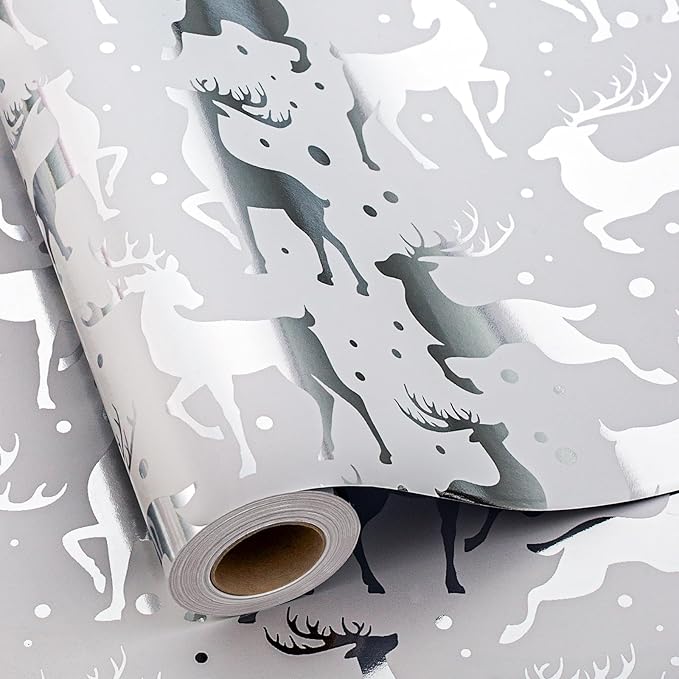MAYPLUSS Reindeer Christmas Wrapping Paper Roll - 17 Inch X 33 Feet - Silver Metallic Foil Paper - Elegant Elk Christmas Seasonal Gift Wrap Paper for Winter, Holiday, Birthday, Party Decoration