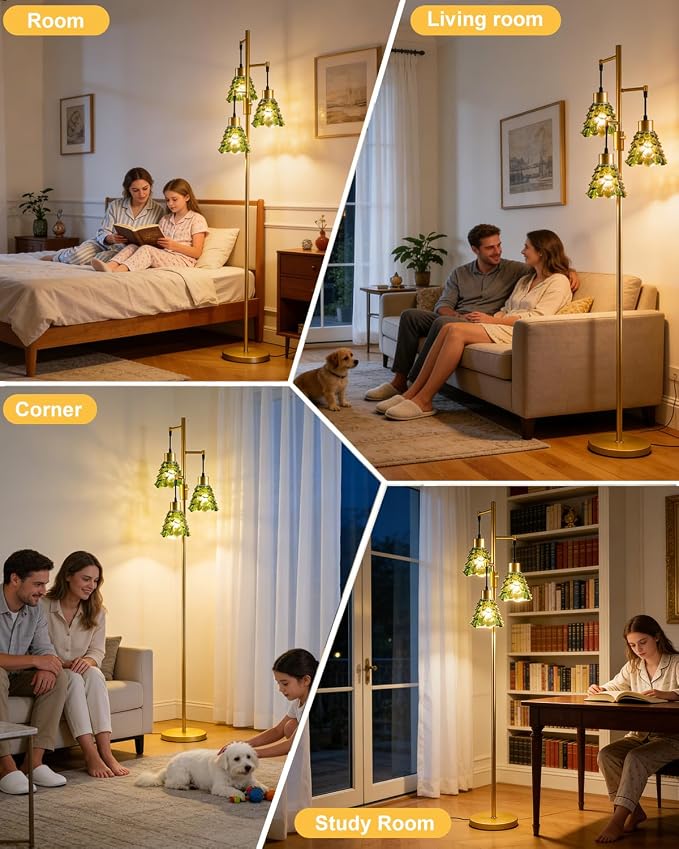 Lightdot 67" Green Glass Floor Lamps for Living Room 3-Light Dimmable Floor Lamp with Glass Shade& Bulbs Included, Mid Century Standing Tall Lamp with 5Lbs Heavy Base for Bedroom/Sofa Beside-Gold