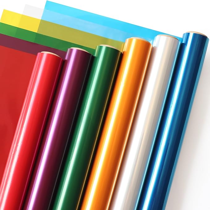 SYOGUA Transparent Colored Cellophane Wrap Roll - 6 Colors, 34 in x 16.4 ft Cellophane Paper Rolls - Red, Purple, Green, Gold, Blue, Clear Cellophane Wrap for Gift Baskets, Treats Wrapping, Crafts