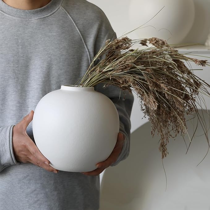 Extra Large White Ceramic Flower vase, Decorative Jar Oversize Modern Centerpiece Table Decorations,Round Shape Rustic Ceramic vases for Home Decor Dining Room(White, 0614)