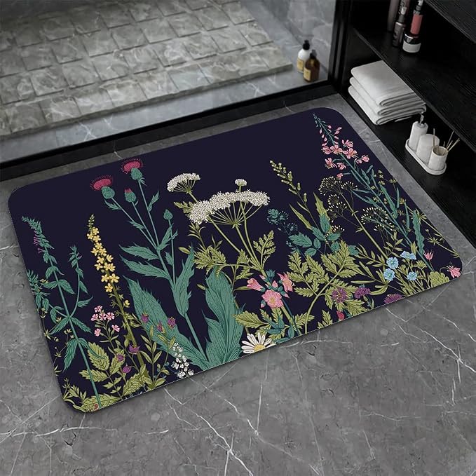 Diatomaceous Earth Bath Mat,Wild Flowers Non-Slip Volume Super Absorbent Fast Drying for Bathroom Kitchen Door mat,Eco-Friendly Easy to Clean 20×31Inch (50 * 80cm)