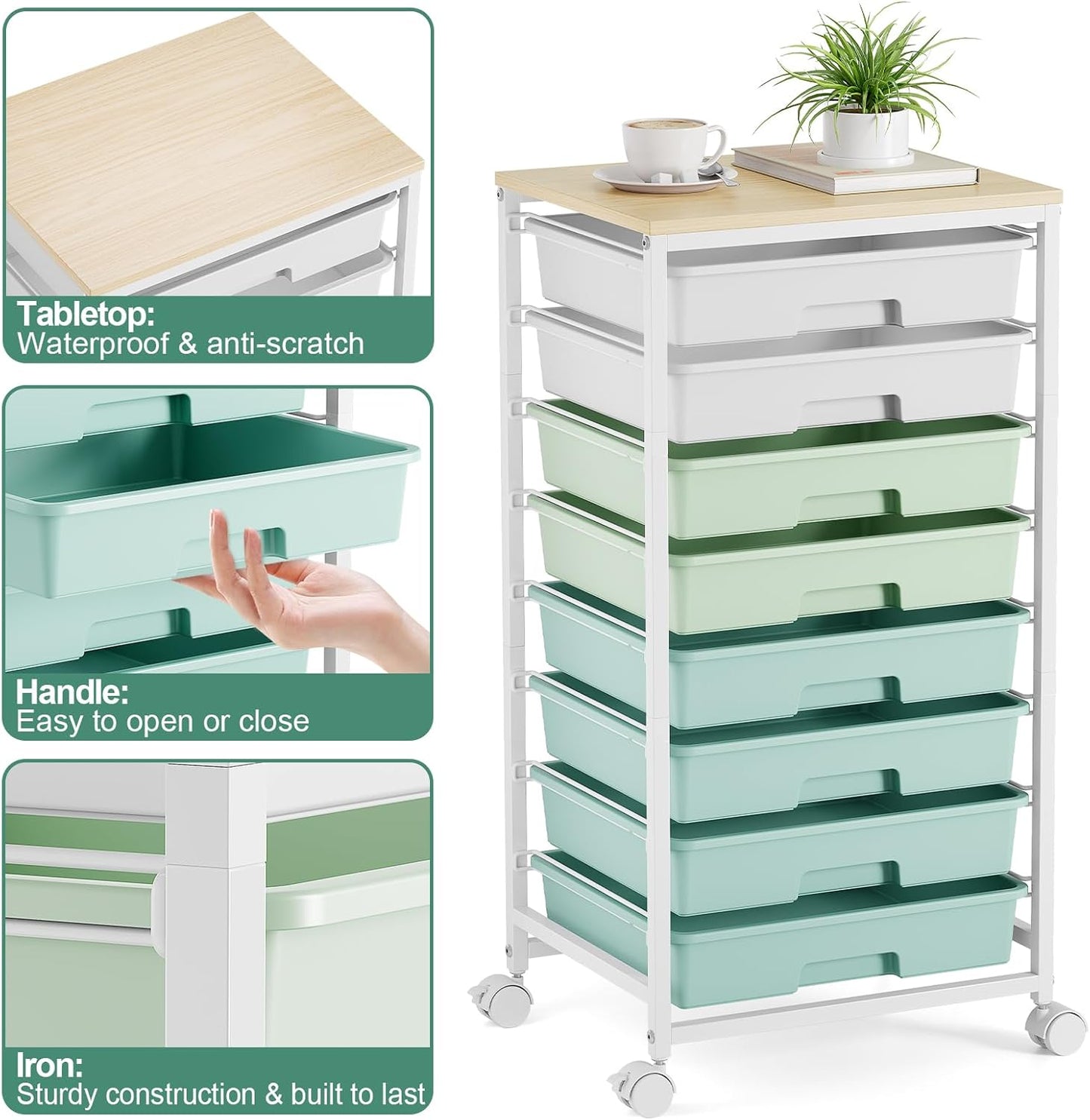 Skiennix Storage Cart - 8 Drawer Utility Cart with White Drawers & Wooden Tabletop | Ideal for Classroom & Office Organization, Green