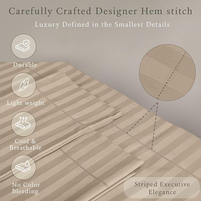 Threadmill 500 Thread Count Twin Size Damask Stripe, 3 Pc Luxury Cotton Bedding Set, Breathable Light Beige Sheets with 15" Elasticized Deep Pocket, 1 Pillowcase & Free Tote Bag