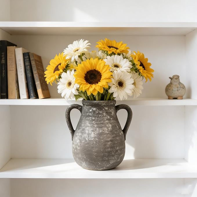 Ceramic Flower Vase Home Decor - 7.5 Inch Farmhouse Rustic Table Vases Living Room Decoration Decorative Vintage Pottery for Kitchen Shelf Coffee Dining Bookshelf Fireplace Centerpiece (Retro-7.5")