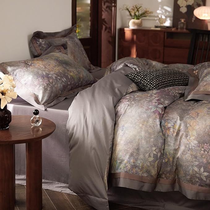 mixinni Vintage Floral Duvet Cover Set - King Size, 100% Long Staple Cotton Percale, Reversible Purple Floral Bedding Set with Zipper Closure, 3-Piece Luxury Duvet Cover with 2 Pillow Shams (20"x36")
