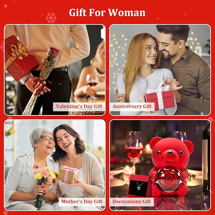 HITOP Rose Gifts for Women - Cute Teddy Bear with Preserved Real Roses Forever Flowers and I Love You in 100 Languages Necklace for Girlfriend Her Wife Mom Grandma on Birthdays, Anniversaries