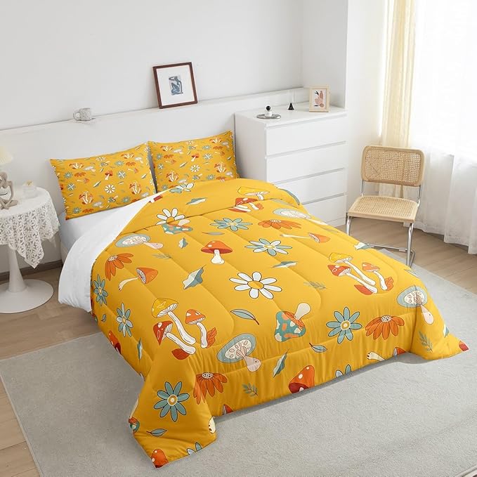 Castle Fairy Retro Hippie Mushroom Queen Size Comforter Set,Groovy Flowers Floral Bedding Set with 2 Pillowcases,Yellow Boho Trippy Breathable Polyester Bedding Comforters