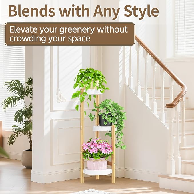 LASZOLA Bamboo White 3 Tier Heavy Duty Plant Stand Indoor, Tall Multiple Level Vertical Planter Rack for Modern Narrow Corner, Slim Spiral Flower Holder Organizer Display for House Decor, Plastic Tray