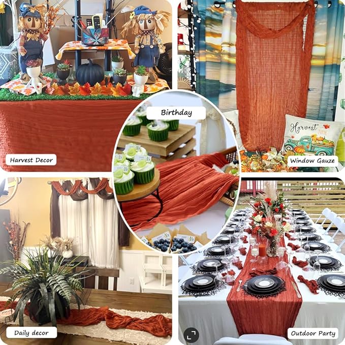 Booque Valley Fall Table Runner 3 Pack Terracotta Cheesecloth 10ft Soft Boho Wrinkled Decorative Gauze Sheer for Autumn Thanksgiving Holiday Party Centerpiece Decoration Table Decor, 35x120 Inch