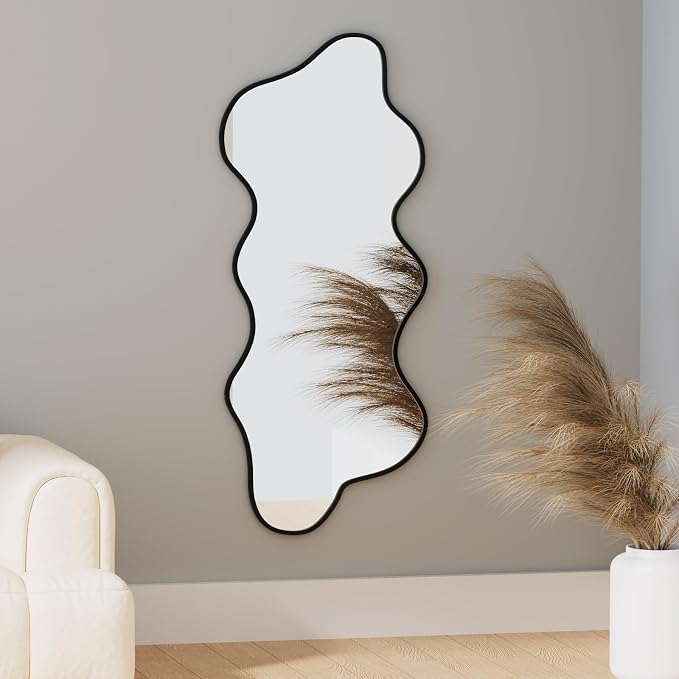 Irregular Wavy Wall Mirror Asymmetrical Shaped Aluminum Alloy Framed Big Unique Full Length Mirror for Living Room Bathroom Bedroom Entryway Fireplace (Black, 47"x21")