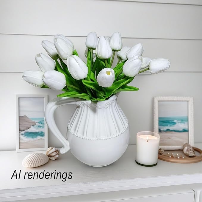 Artificial Tulips 10 Heads Mini Real Touch Artificial Flowers Fake Tulip for Home Decor Wedding Party DIY Bouquet Flowers (White)