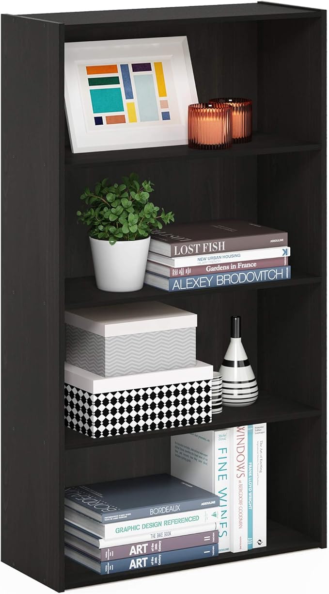Furinno PASIR Book Shelf, 4-Tier Bookshelf, Bookcase with Open Shelf, 9.4 x 23.6 x 41.7, for Living Room, Bedroom, Home Office, Espresso