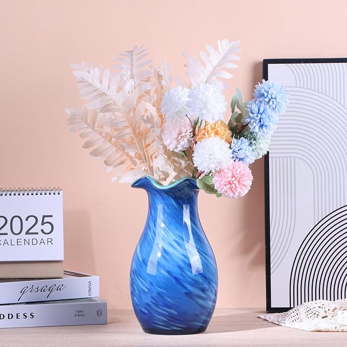 10.6in Hand Blown Blue Glass Vase – Wide Mouth Murano Bubble Art Glass Vase, Cobalt Blue Flower Vase for Coastal, Vintage, Colorful Home Decor, Vase Gift for Mom or Display (Blue)