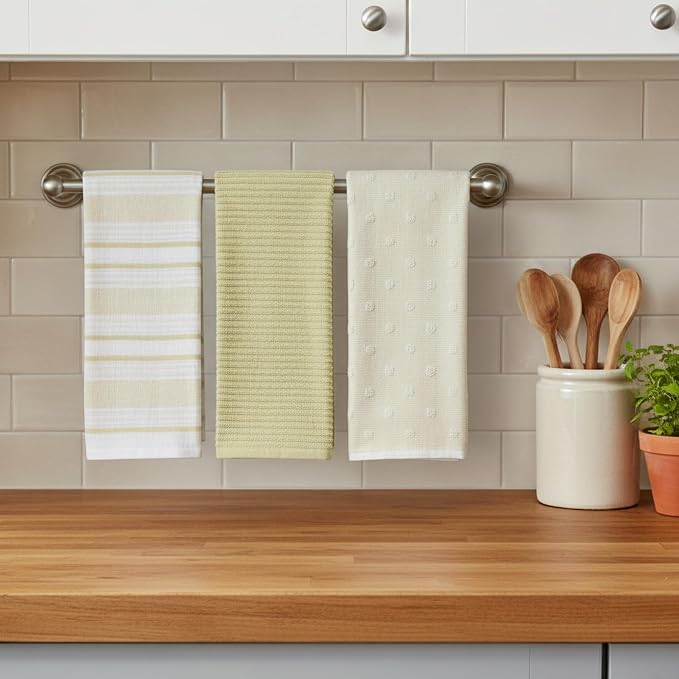 Yellow White Kitchen Hand Dish Towels: Oversized 28" x 16",100% Cotton Cloth Soft Cleaning Drying Absorbent Striped Solid Polka Dot Design, Set of 3 Multipurpose for Everyday Use (Yellow Austin)