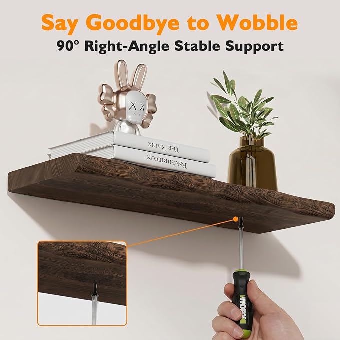 Solid Wood Live Edge Floating Shelves Set of 2 – 24" Rustic Wall Shelf with Hidden Bracket System, Wall Mounted Shelves for Bathroom, Kitchen, Living Room, Bedroom (Charcoal Brown)