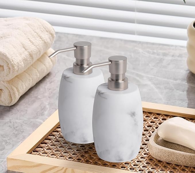 Clasin Home Resin Soap Dispenser Set 2, Refillable Hand Soap Dispenser with White Marble Look and Metallic Pump, Kitchen, Bathroom, Waterproof Labels (12 Oz)
