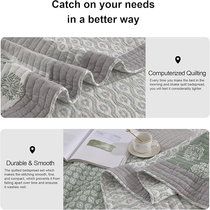 PANGUSHAN Quilt Set King Size, 100% Cotton Bedspread Quilt Bedding Set, Patchwork Reversible Floral Quilt for King Bed, Greyish-Greens Bed Spread, Lightweight Comforter for All Season, 3 Pieces