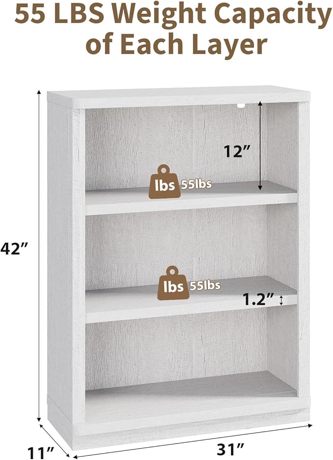 Rresyet 3 -Tier Bookcase and Book Shelf, 31” Wide Bookshelves, Wooden Bookcase Display Storage for Home Office, Living Room and Study Room (White)