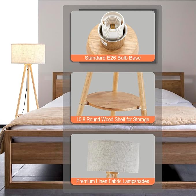 Wood Tripod Floor Lamp with Shelf & 3 Color Temparature LED Bulb, Modern Nordic Wooden Standing Floor lamp Linen Shade for Living Room, Bedroom, Office, ETL Listed/Natural Wood Color