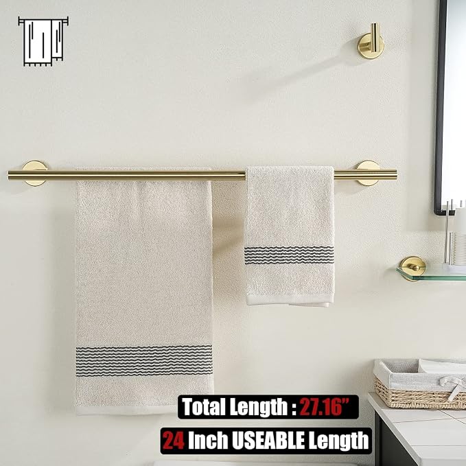 JQK Double Towel Bar 27 Inch, Brass Gold Useable Length 24 Inch 304 Stainless Steel Thicken 0.8mm Bath Towel Rack for Bathroom, Towel Holder Wall Mount, TB100L24-BG