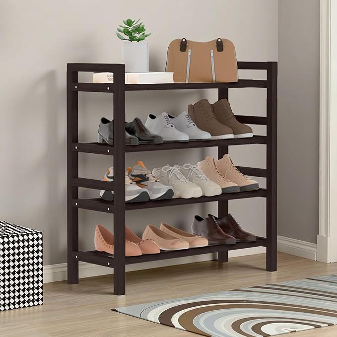 Haddockway Bamboo Shoe Rack for Closet, Free Standing Shoe Organizer with Smooth Round Rods & Convenient Handles, Stackable Shoe Storage Shelf for Entryway, Hallway(Brown, 4-Tier(Small))