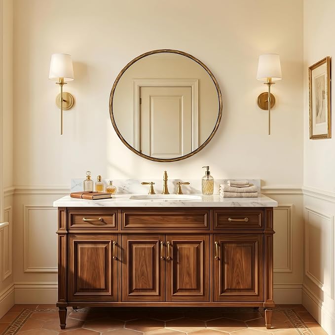ANDY STAR 28 Inch Hand-Forged Gold Mirrors, Antique Brass Round Hammered Mirror for Bathroom Over Sink, Living Room, Entryway, Vintage, Farmhouse, Rustic, Solid Steel Frame