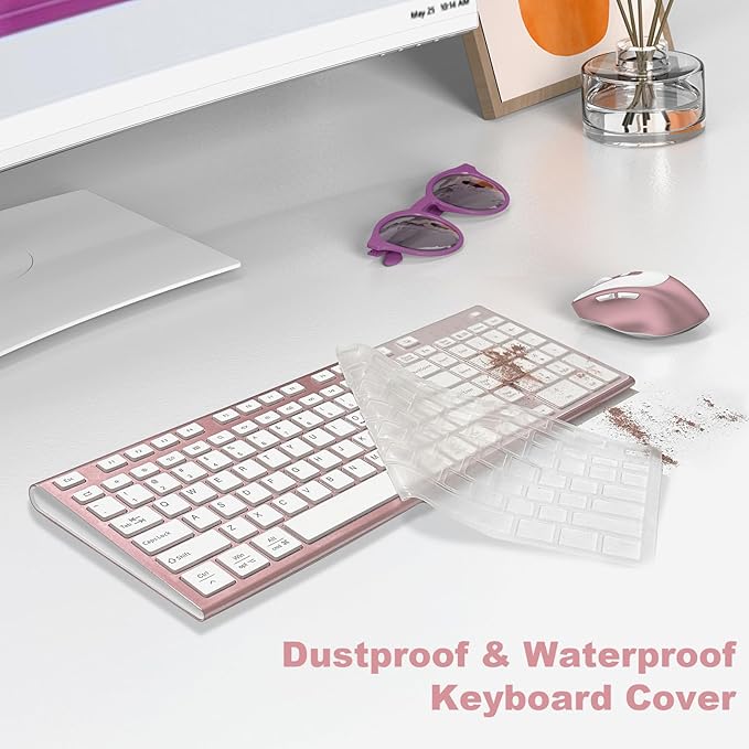 FENIFOX Wireless Keyboard and Mouse, Rechargeable USB C Combo Silent Quiet Compact Full Size Flat with Number Pad Soft Cover for Mac MacBook iMac Windows PC Laptop Computer Office - Pink & Rose Gold