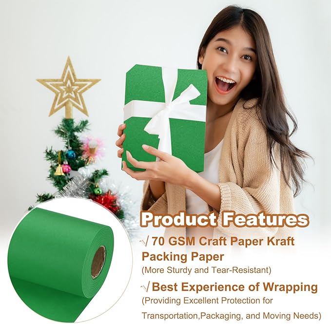 PATIKIL Wrapping Paper, 12" x 800"(66') 70 GSM Craft Paper Roll Kraft Packing Paper for Poster Bulletin Board, Gift Wrapping, Green