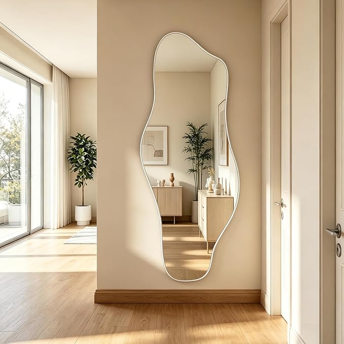 Large Irregular Wall Mirror, 60"x24" Silver Asymmetrical Tempered Glass Mirror, Frameless Organic Shaped Mirrors for Entryway Hallway Bedroom Living Room, Horizontal or Vertical Hanging