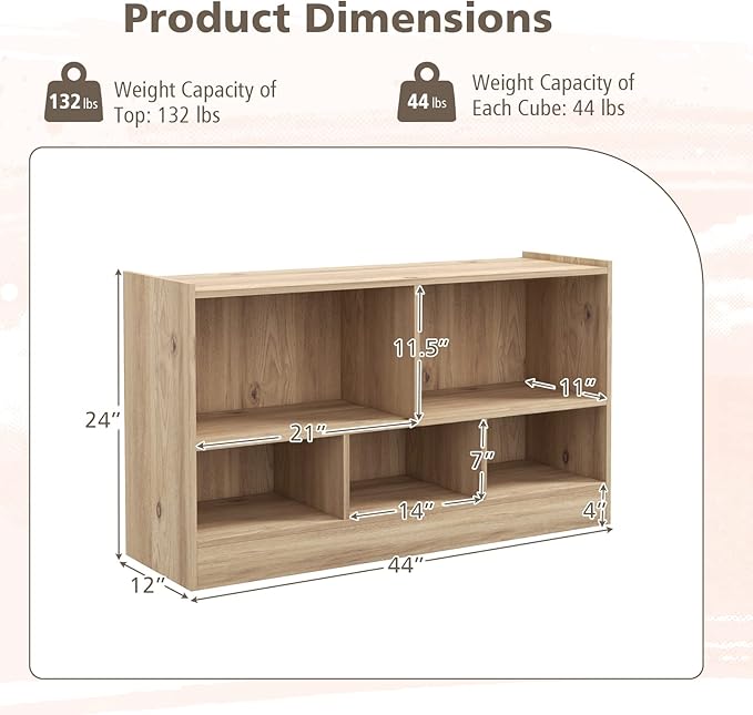 Toy Storage Organizer, 2-Tier Kids Bookshelf, 5 Cube Kids' Bookcases, Cabinets & Shelves, Wooden Toy Organizers, Small Book Shelf for Bedroom, Playroom, Classroom, Nursery (Natural)