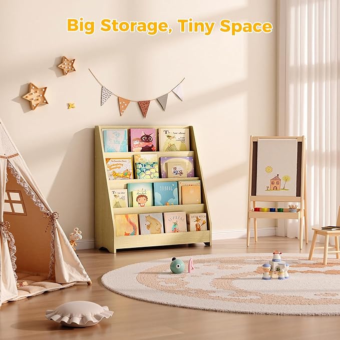 Tatub 4 Tier Kids Wooden Bookshelf, Toddler Sling Bookcase Montessori Bookshelf, Children Front Facing Book Shelf for Nursery, Playroom and Classroom, Natural Wood