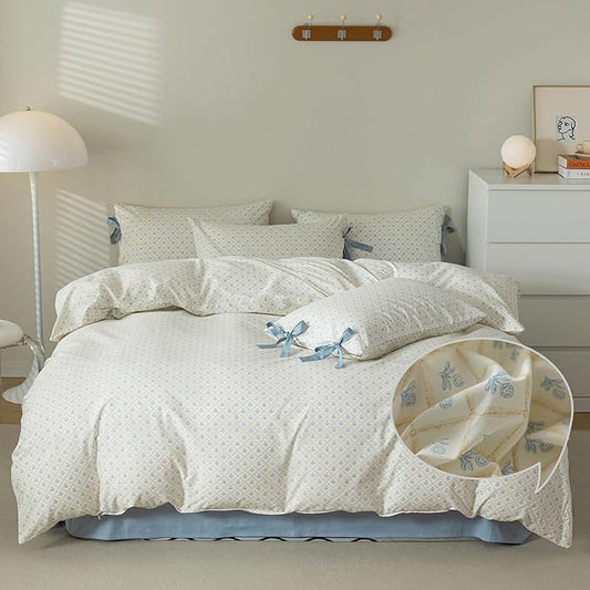 VM VOUGEMARKET White Blue Duvet Cover Twin Garden Style Blue Flower Duvet Cover 100% Cotton Grid Comforter Cover with 2 Bow Ties Pillowcases Botanical Cottagecore Bedding Sets