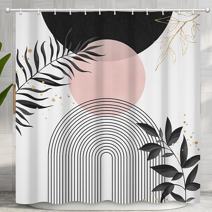 Boho Mid Century Shower Curtain,Black Pink Modern Minimalist Abstract Geometric Gold Plant Leaves Sun Arch Bathroom Curtains Waterproof Fabric Buthtub Curtain Set with Hooks 48" Wx72 L